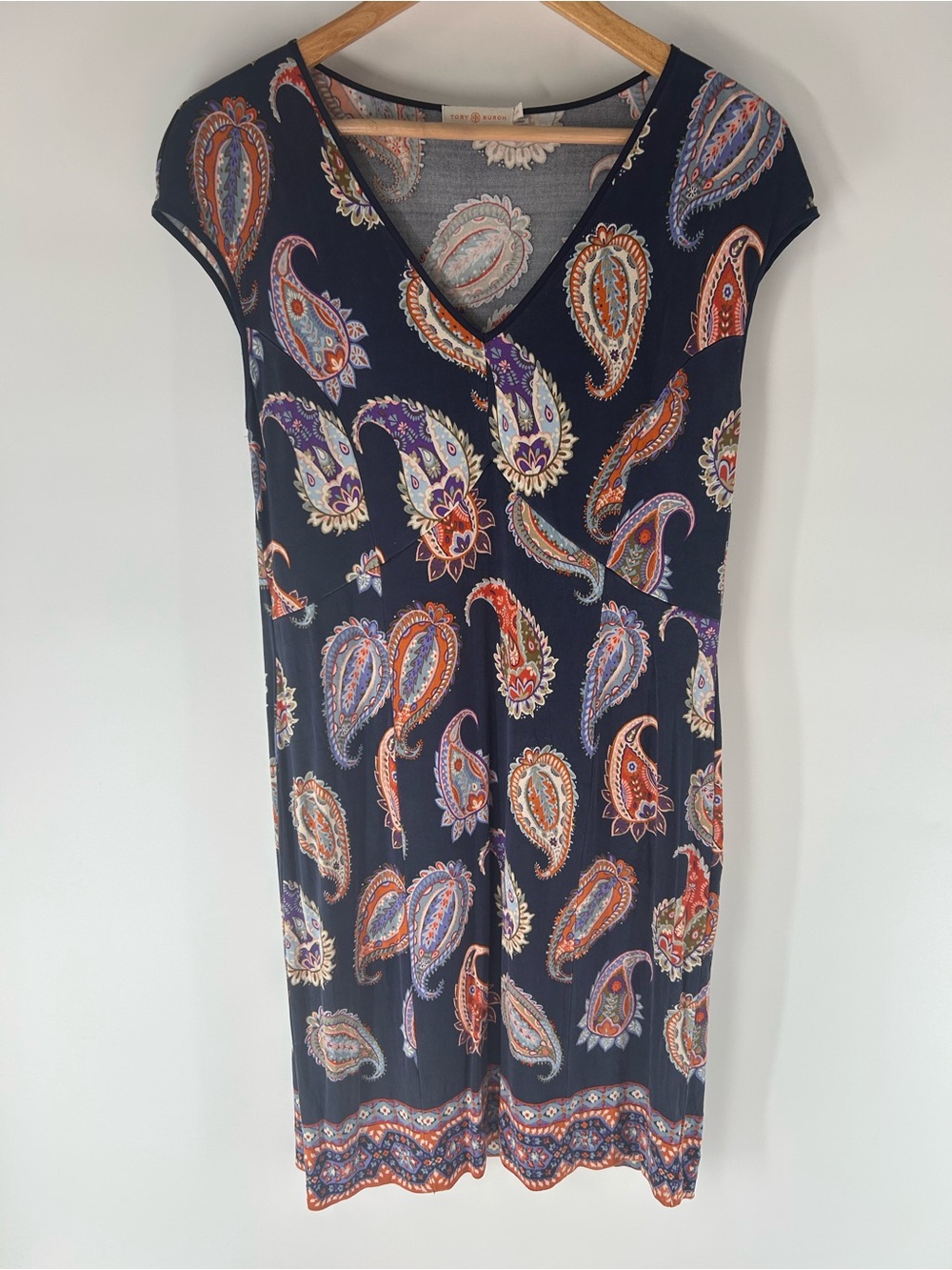 Tory Burch Silk Navy Paisley V-Neck Midi Dress with Orange and Purple Motif